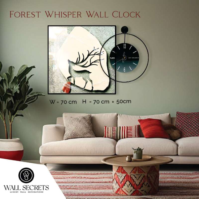 majestic stag silhouette wall art with a round circular black painted metallic wall clock 