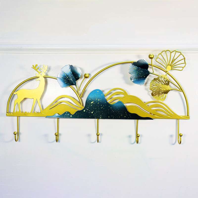 5 hook luxury and key holder with golden blooms, ginkgo  leaves and deer art    l