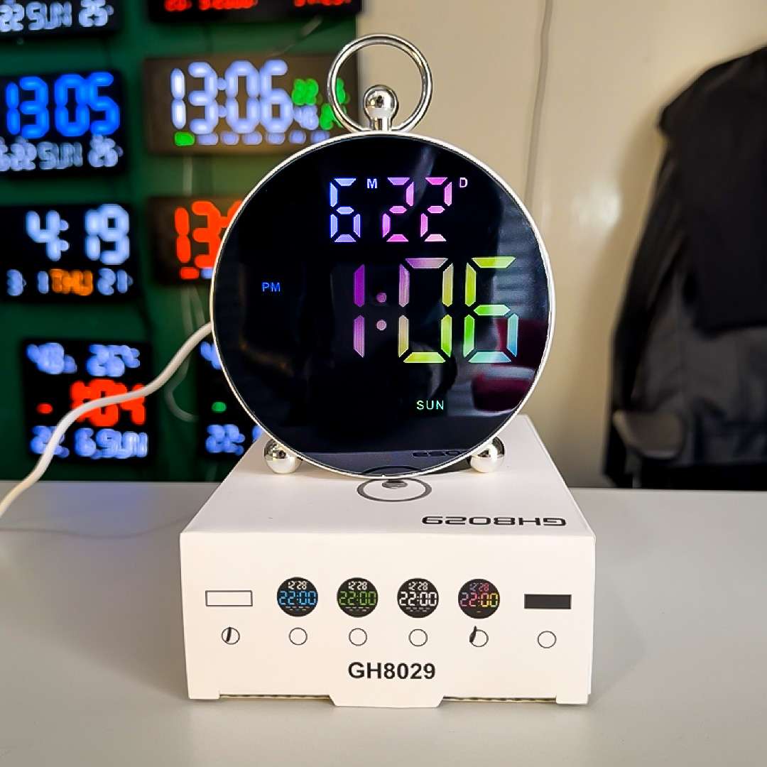 Live display of GH8029 RGB LED Clock with alarm showing date 6/22 and day Sunday on RGB LED screen
