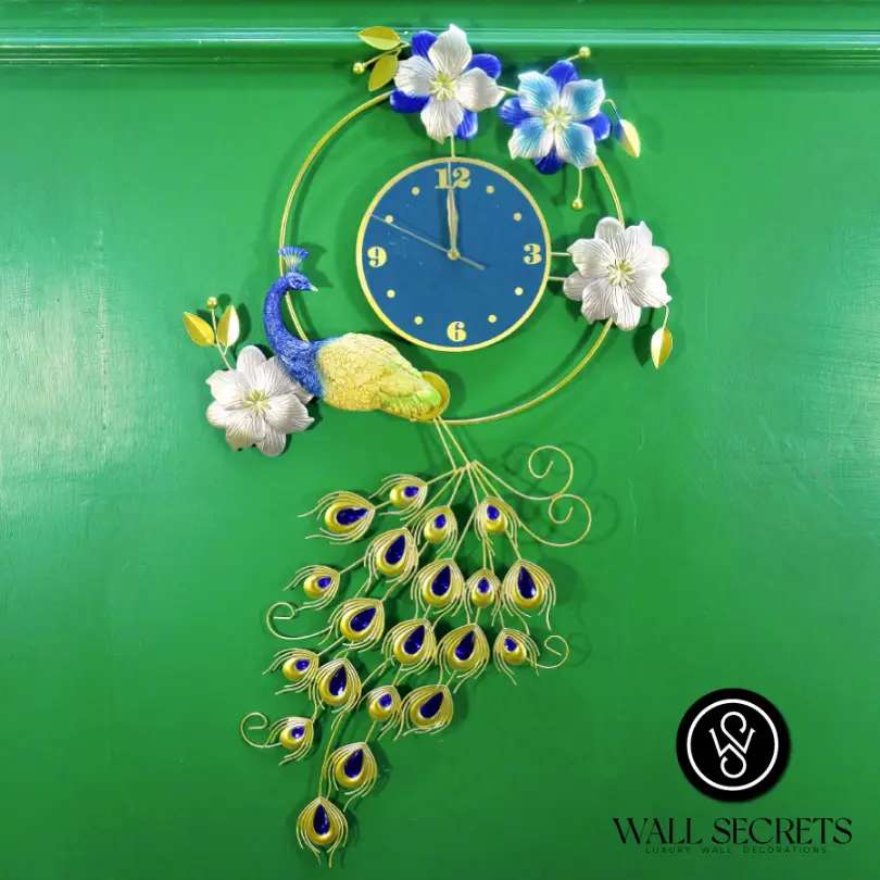 Large Luxury Peacock Wall  Clock with a blue face